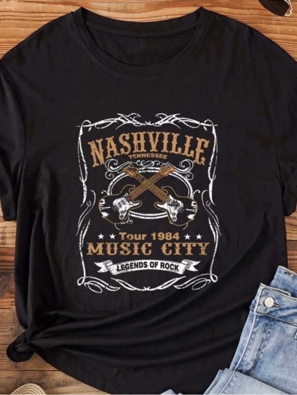 SHEIN Black Graphic Tee with Gold and White Nashville Design
